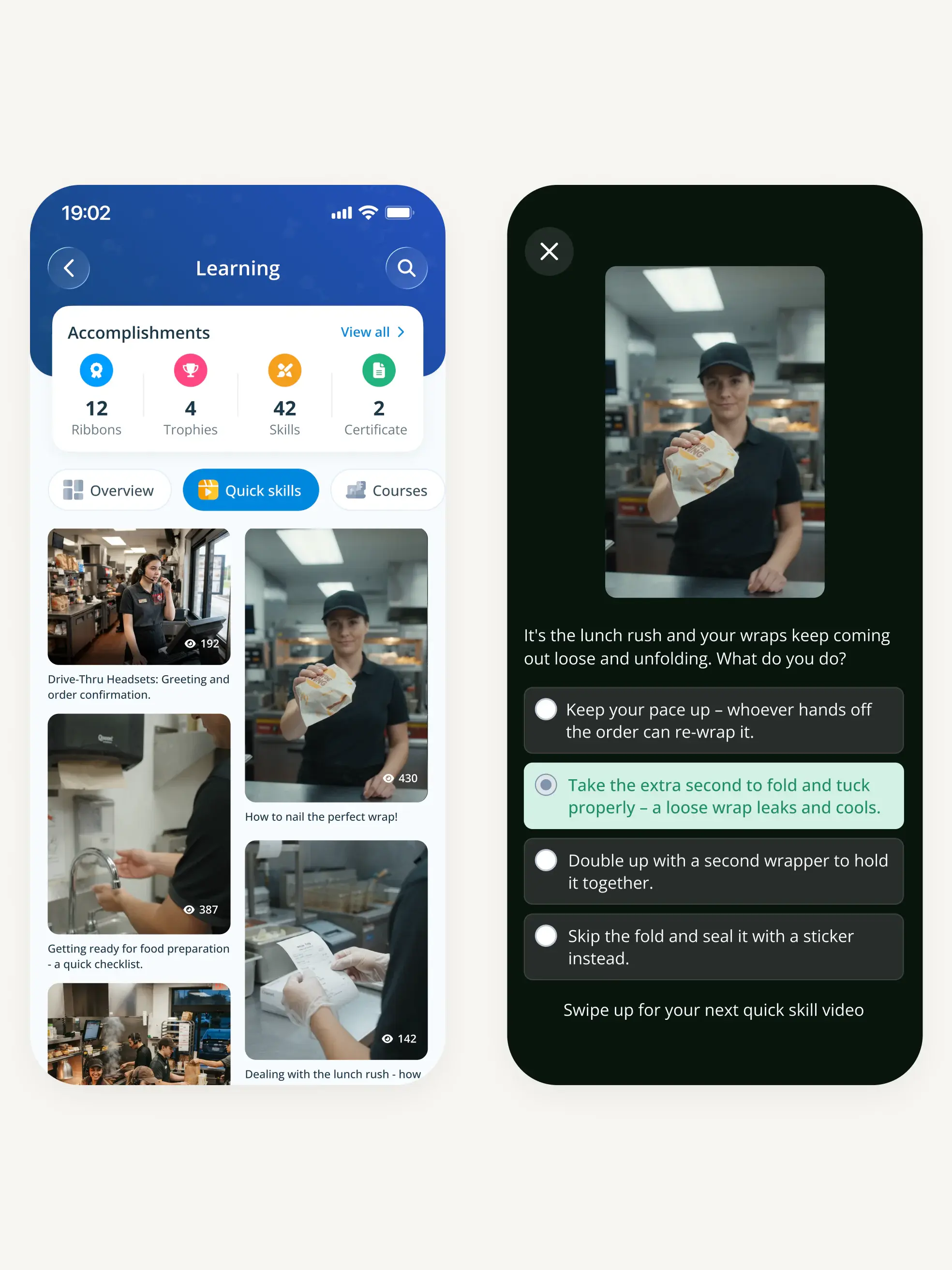 A grid of short training videos with view counts, and a single multiple-choice question shown between videos in the feed.