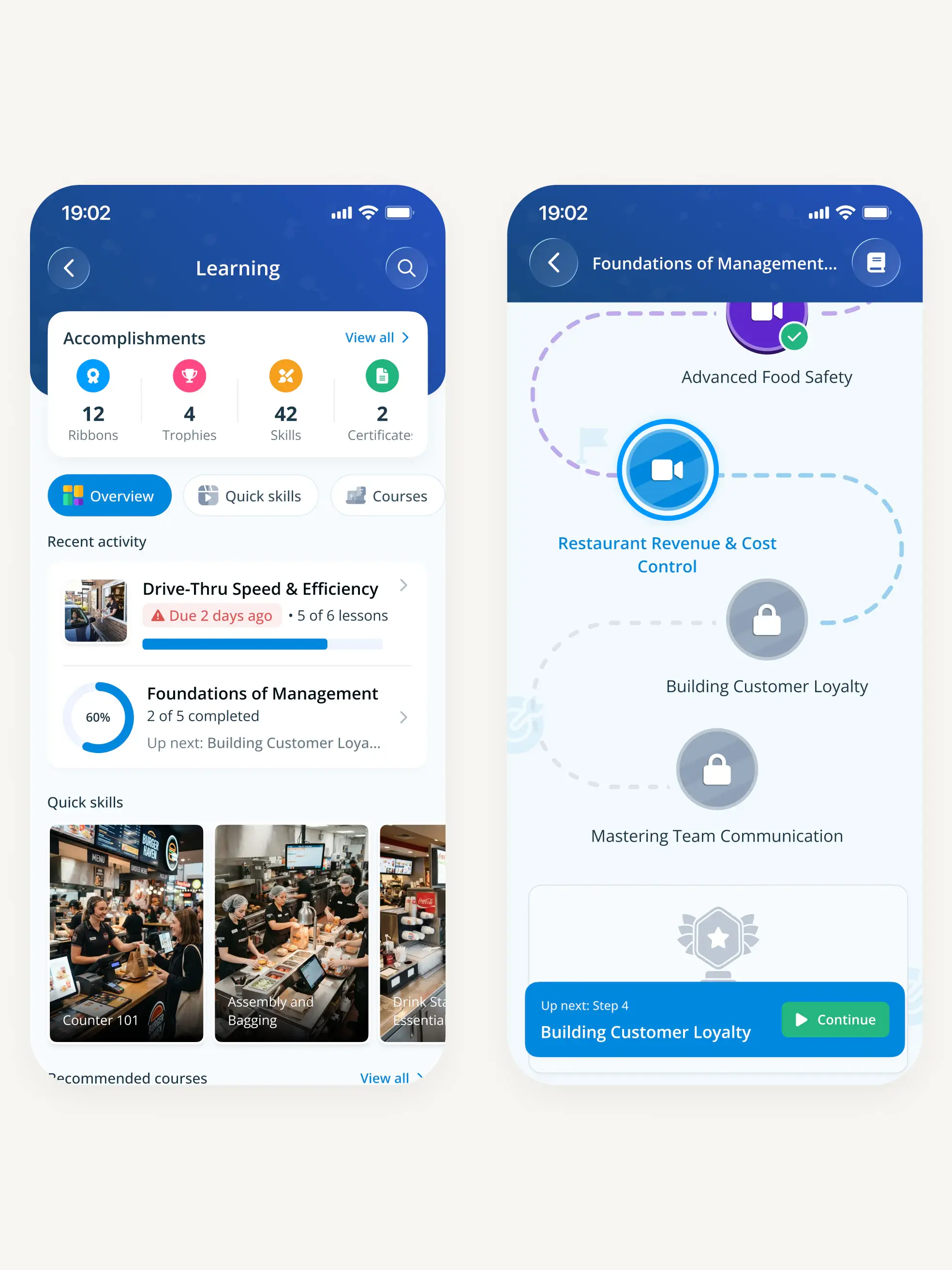 Two phone screens. On the left, a Learning dashboard with counts of ribbons, trophies, skills and certificates above courses in progress and a row of video thumbnails. On the right, a single pathway shown as a sequence of courses with progress marked.